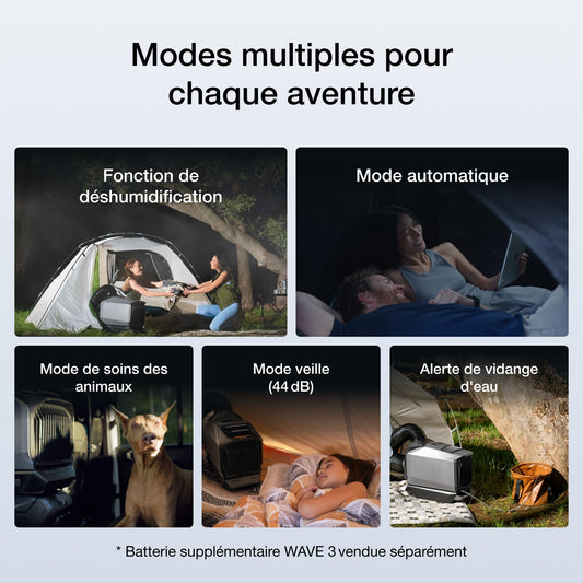 Climatiseur portable EcoFlow WAVE 3, refroidissement 6100 BTU, chauffage 6800 BTU, charge rapide 1000W en 75 mins, autonomie de 8h, contrôle via application, idéal pour camping, tentes, RVs,SUVs