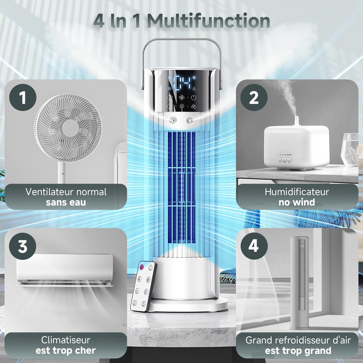 Climatiseur Mobile 5 en 1 avec Brumisation - Rafraîchisseur d'Air Silencieux, 4 Vitesses Confort Vent Naturel, 700ML Réservoir, Télécommande, Oscillation 90°, Tension 12V Disponible