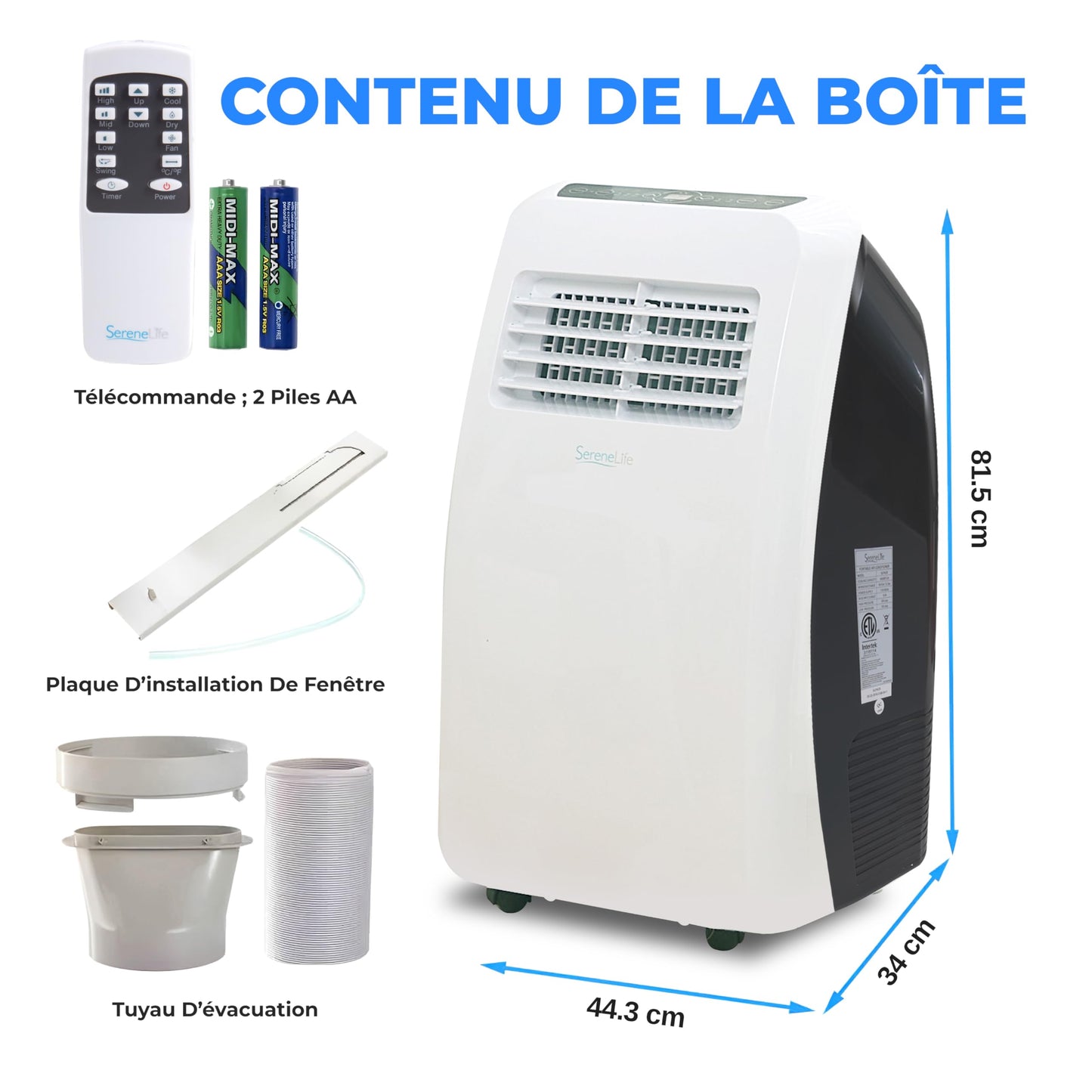 SereneLife Climatiseur Mobile Silencieux,7K BTU, Climatiseur Portable 3-en-1 avec Fonction Déshumidificateur Intégrée, Mode Ventilateur, Télécommande, Kit d'Évacuation Complet pour Fenêtre,Blanc