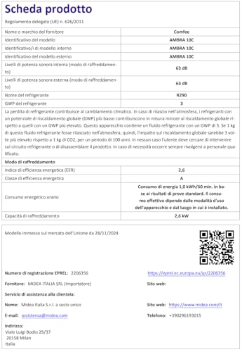 COMFEE' Climatiseur portable 9000 BTU/H, AMBRA 10C, 2,6 kW, 25㎡/68 m³, 3 en 1 climatiseur portable, ventilateur, refroidissement, déshumidification, 24H minuteur, mode de sommeil, fonction suivi