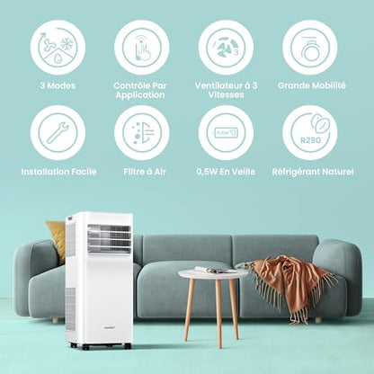 COMFEE' Climatiseur Mobile 9000 BTU/h 2,6kW, Contrôle APP, 3 Modes, 3 Vitesses de ventilation, Dimensions compactes, Pour pièces de 33㎡, Breezy Cool 2.6, Fonctionne avec Alexa