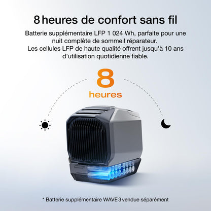 Climatiseur portable EcoFlow WAVE 3, refroidissement 6100 BTU, chauffage 6800 BTU, charge rapide 1000W en 75 mins, autonomie de 8h, contrôle via application, idéal pour camping, tentes, RVs,SUVs