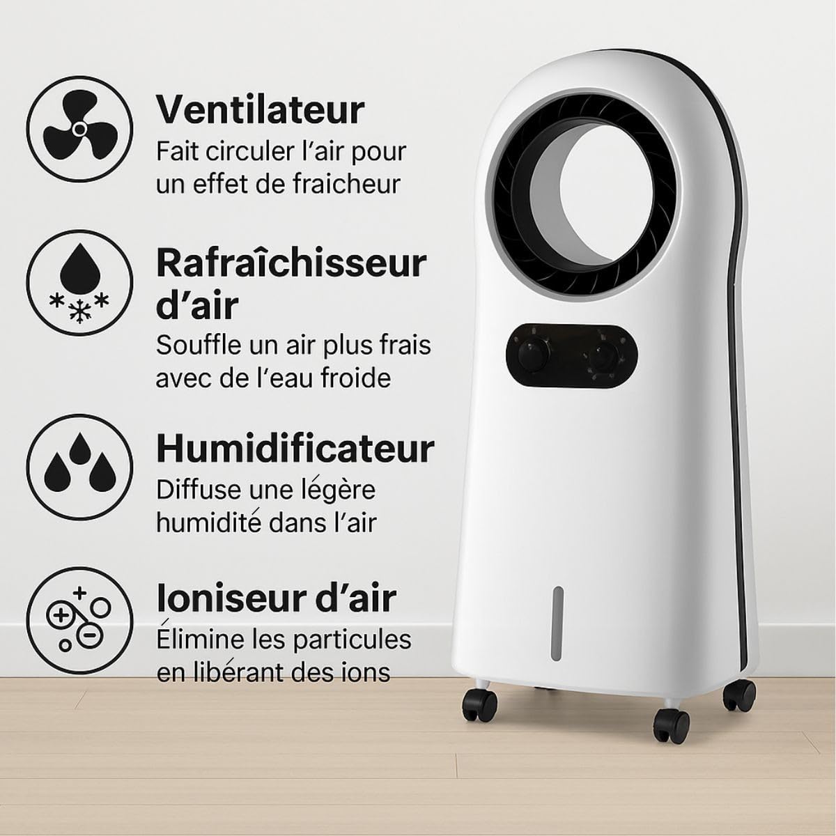NIKLAS - Climatiseur Mobile 110W 4 en 1 : Ventilateur, Rafraichisseur, Humidificateur d'air sur roues 3 Vitesses