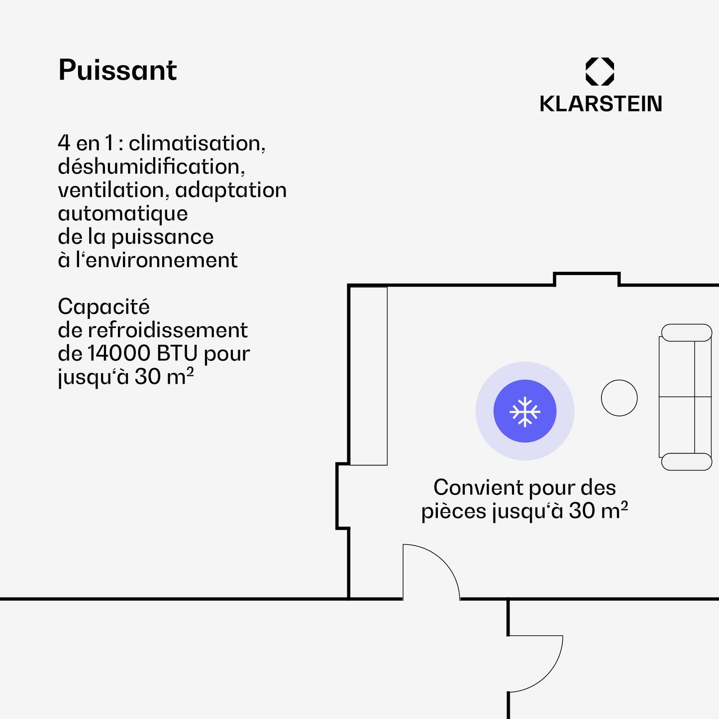Klarstein AireLux Climatiseur Mobile – 14000 BTU, Pour Pièces Jusqu'à 51 m², Contrôle par Appli & Vocal, 4-en-1 Refroidissement, Déshumidificateur, Ventilateur & Mode Nuit, Kit Fenêtre Inclus, Gris