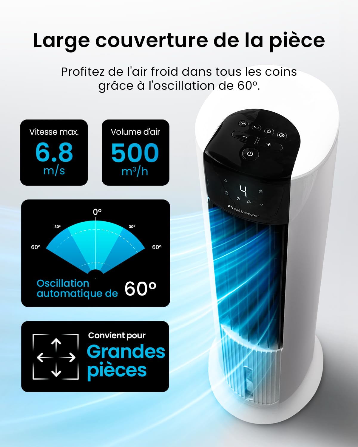 Pro Breeze OmniAir Rafraichisseur d’Air 7L 3en1, 7 Vitesses, 3 Modes, Oscillant, Minuterie 10h, Climatiseur Mobile Sans Évacuation, Silencieux, Sans Conduit, Ventilateur Refroidisseur d'Air