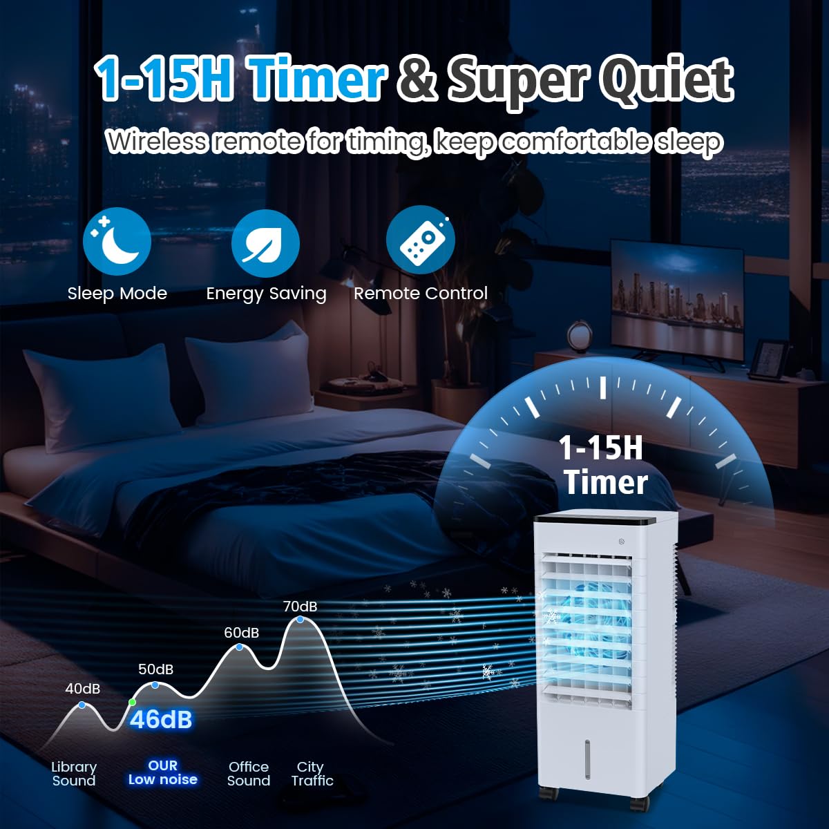 Climatiseur Mobile Silencieux, 6L Refroidisseur d'air Climatiseurs Portables Économie d'énergie Ventilateur Humidificateur, 3 Vitesses/Modes, Télécommande, 1-15H Minuterie, pour Maison Bureau Chambre