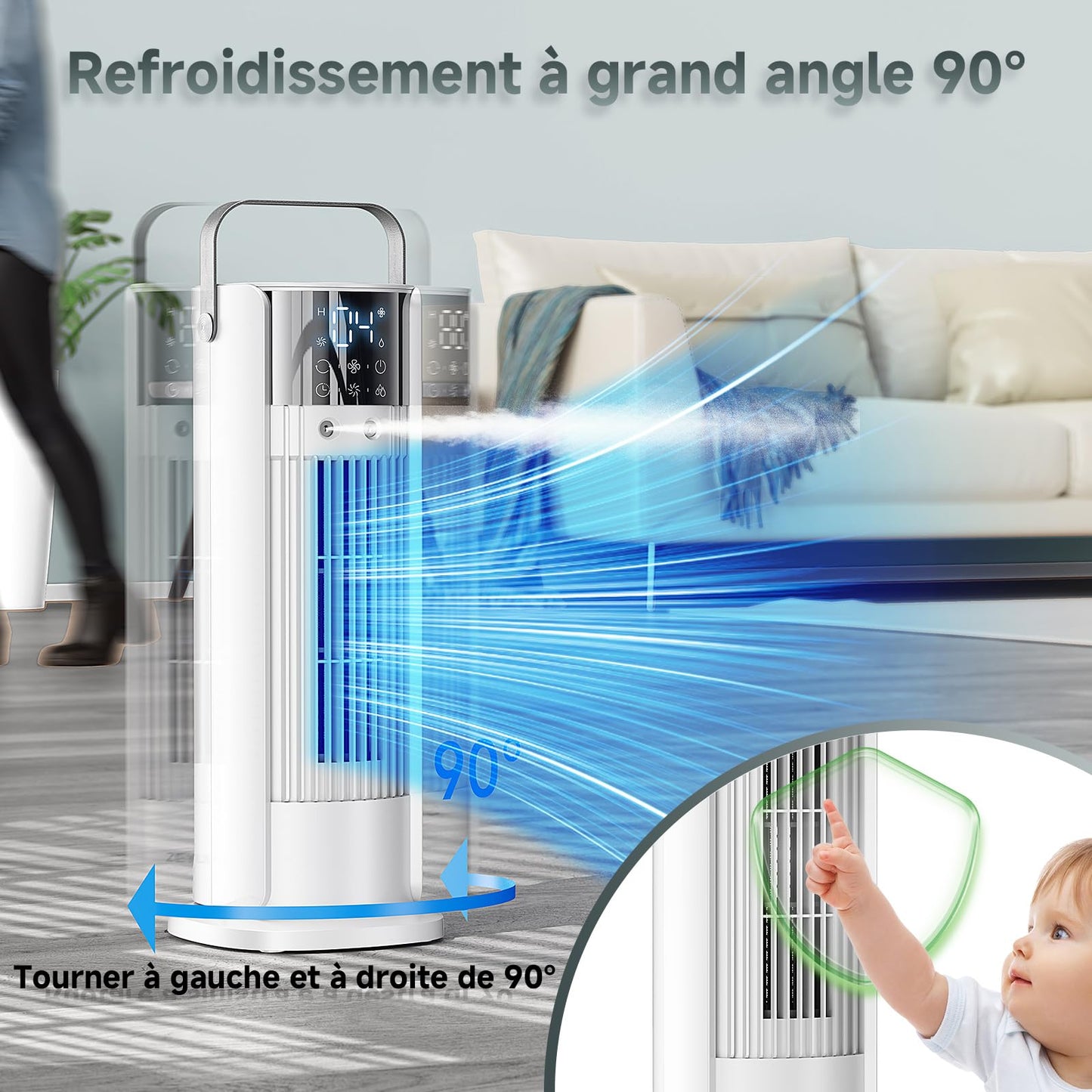 Climatiseur Mobile 5 en 1 avec Brumisation - Rafraîchisseur d'Air Silencieux, 4 Vitesses Confort Vent Naturel, 700ML Réservoir, Télécommande, Oscillation 90°, Tension 12V Disponible