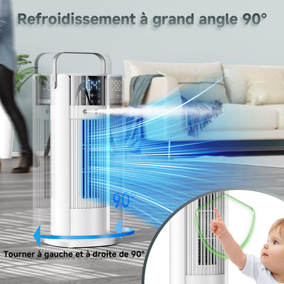 Climatiseur Mobile 5 en 1 avec Brumisation - Rafraîchisseur d'Air Silencieux, 4 Vitesses Confort Vent Naturel, 700ML Réservoir, Télécommande, Oscillation 90°, Tension 12V Disponible
