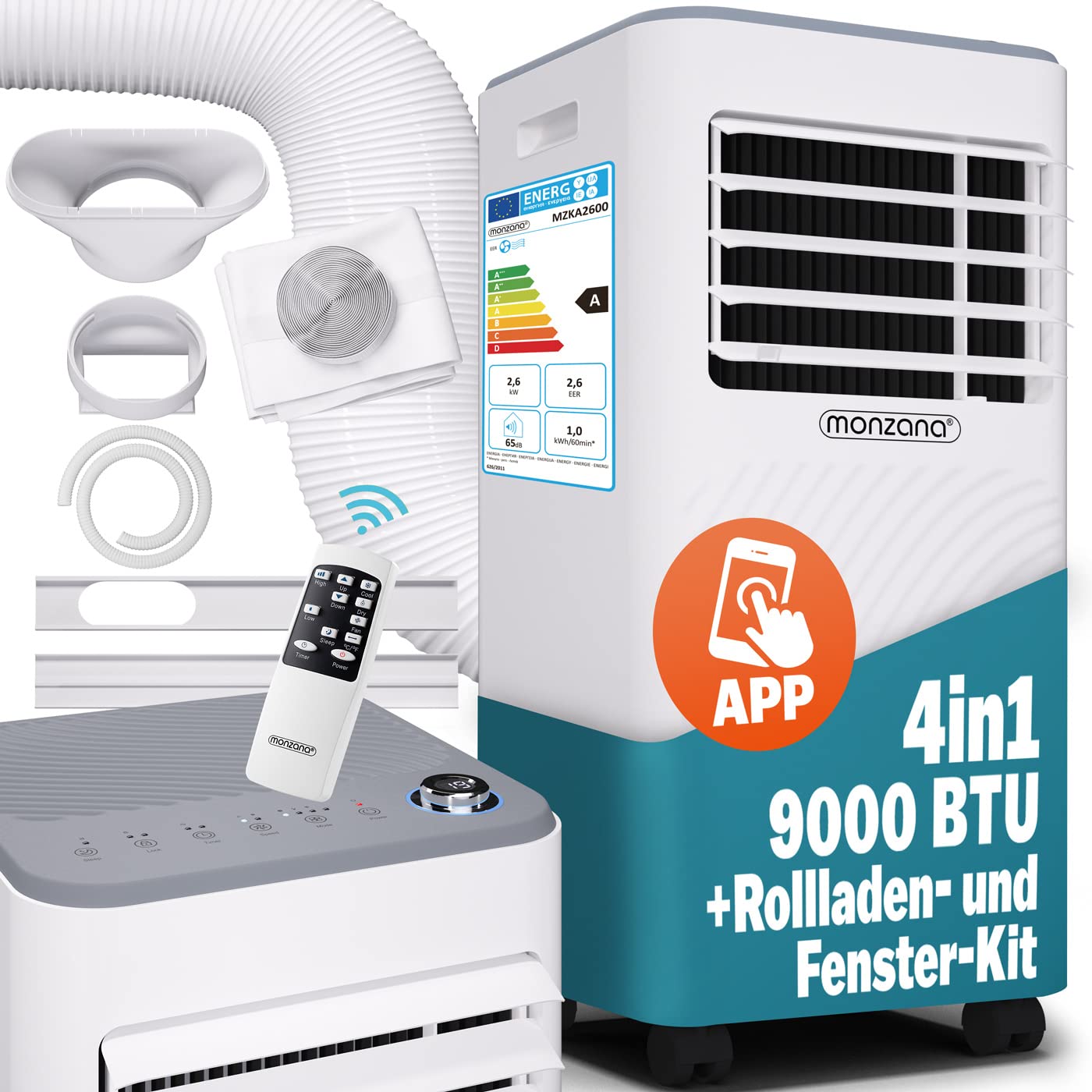 MONZANA® Climatiseur mobile MZKA2600 Tuyau d'évacuation 9000 BTU 4en1 1000W Alexa Déshumidificateur Kit volet roulant