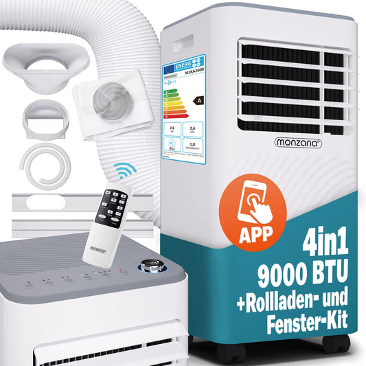 MONZANA® Climatiseur mobile MZKA2600 Tuyau d'évacuation 9000 BTU 4en1 1000W Alexa Déshumidificateur Kit volet roulant