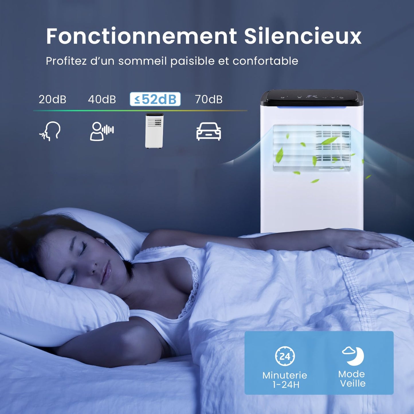 COSTWAY Climatiseur Mobile Silencieux 9000 BTU, 5 EN 1 Climatiseur Portable Wifi, Chauffage, Déshumidificateur, Ventilateur, Mode Nuit, Séchage, Minuterie 24H, Clim Mobile pour Chambre jusqu'à 20㎡