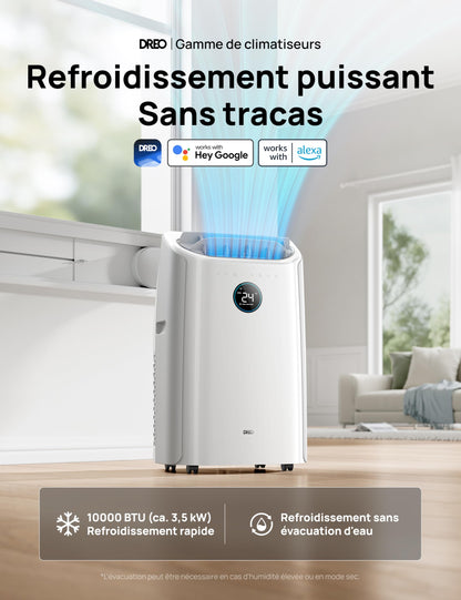 Dreo Climatiseur portable 10 000 BTU pour chambre, refroidissement sans drainage, silencieux, contrôle par application/voix, minuterie 24h, avec ventilateur et déshumidificateur
