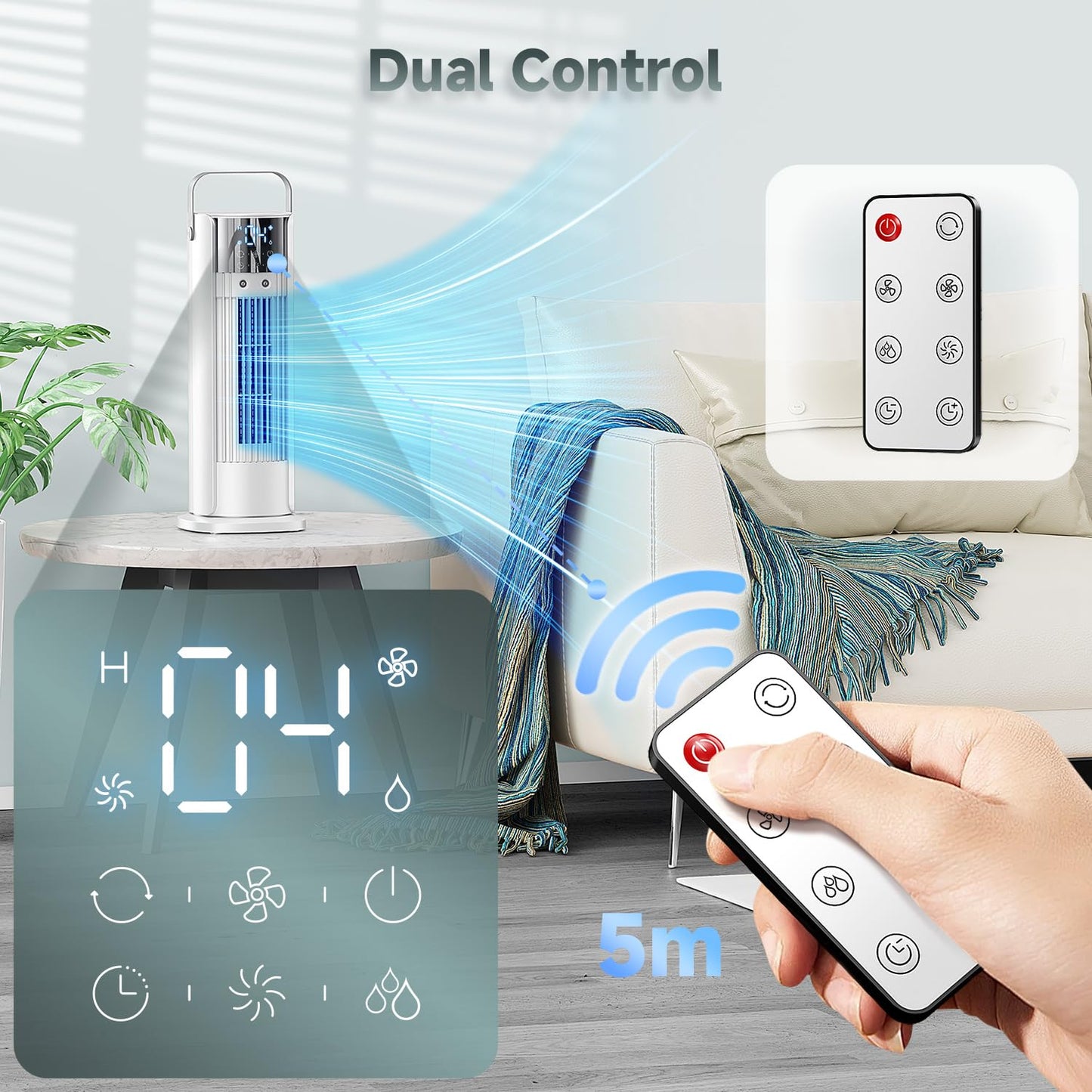 Climatiseur Mobile 5 en 1 avec Brumisation - Rafraîchisseur d'Air Silencieux, 4 Vitesses Confort Vent Naturel, 700ML Réservoir, Télécommande, Oscillation 90°, Tension 12V Disponible