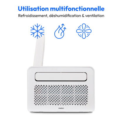 MEDION Smart Climatiseur Split P502 (5000 BTU, 3-en-1, Refroidir, Déshumidification, Ventilation, pour caravane, camping-car, kit de joint de fenêtre, mode sommeil, contrôle Wifi, Écran, MD 37735)