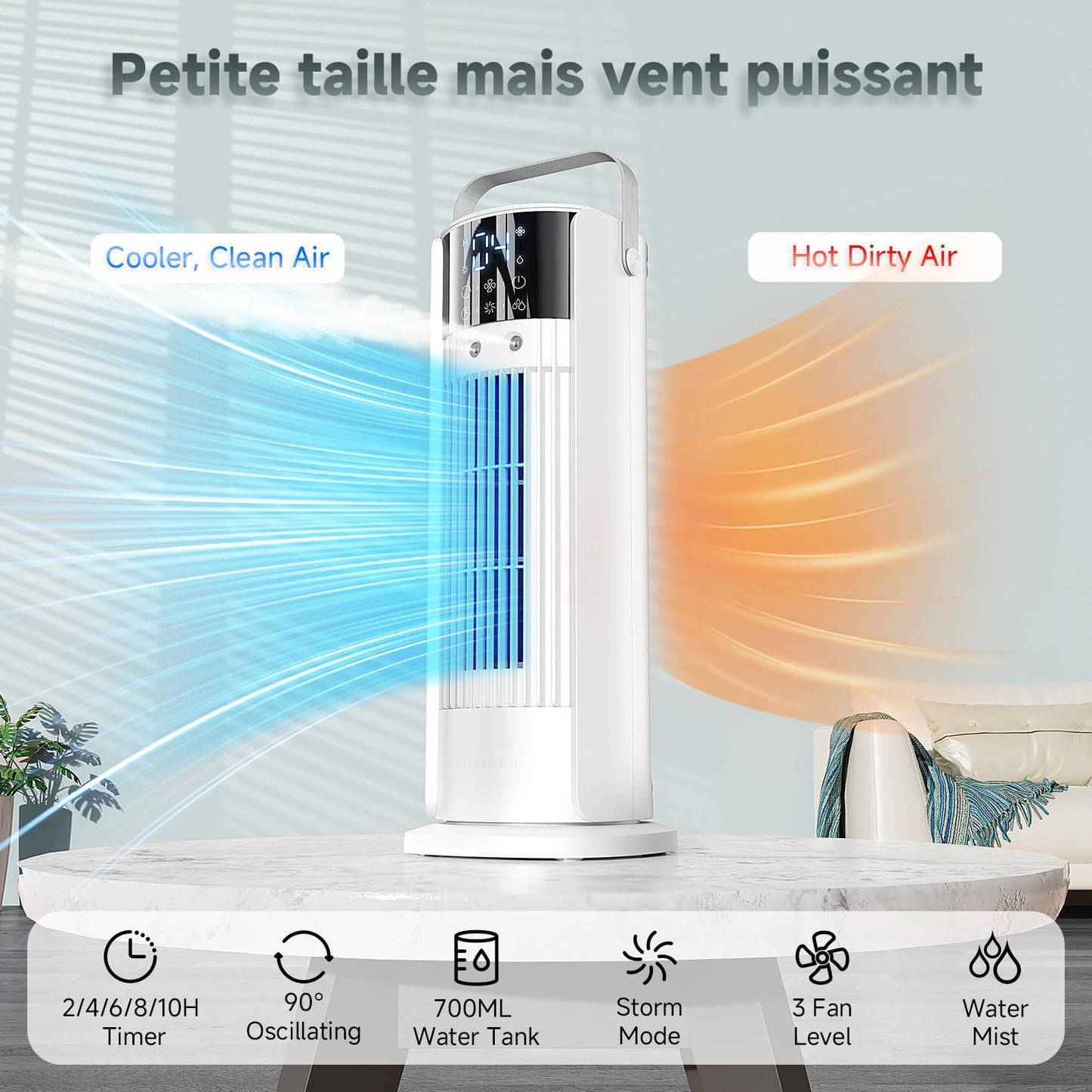 Climatiseur Mobile 5 en 1 avec Brumisation - Rafraîchisseur d'Air Silencieux, 4 Vitesses Confort Vent Naturel, 700ML Réservoir, Télécommande, Oscillation 90°, Tension 12V Disponible