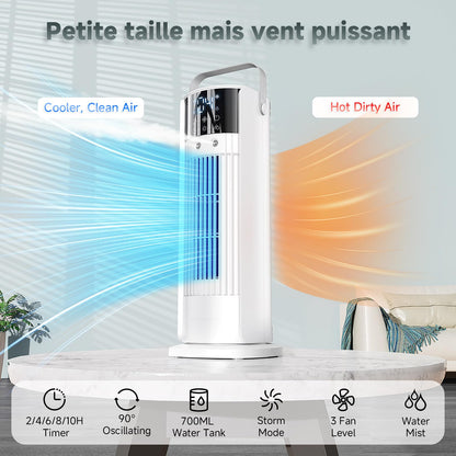 Climatiseur Mobile 5 en 1 avec Brumisation - Rafraîchisseur d'Air Silencieux, 4 Vitesses Confort Vent Naturel, 700ML Réservoir, Télécommande, Oscillation 90°, Tension 12V Disponible