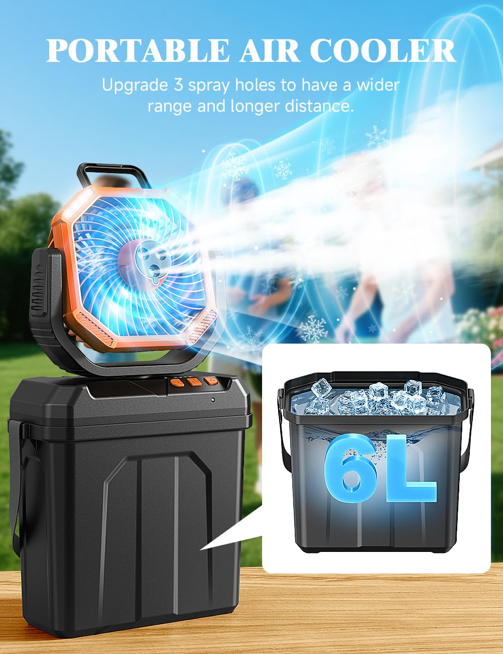WAROUS Climatiseur Mobile ave Seau de 6L,20000mAh Batterie Ventilateur Brumisation,Ventilateur Camping Portable avec Télécommande,4 Vitesses,Lumière LED, pour Camping Voyage Maison Intérieur