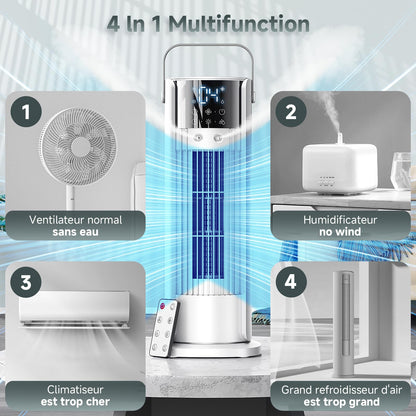 Climatiseur Mobile 5 en 1 avec Brumisation - Rafraîchisseur d'Air Silencieux, 4 Vitesses Confort Vent Naturel, 700ML Réservoir, Télécommande, Oscillation 90°, Tension 12V Disponible