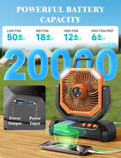 WAROUS Climatiseur Mobile ave Seau de 6L,20000mAh Batterie Ventilateur Brumisation,Ventilateur Camping Portable avec Télécommande,4 Vitesses,Lumière LED, pour Camping Voyage Maison Intérieur