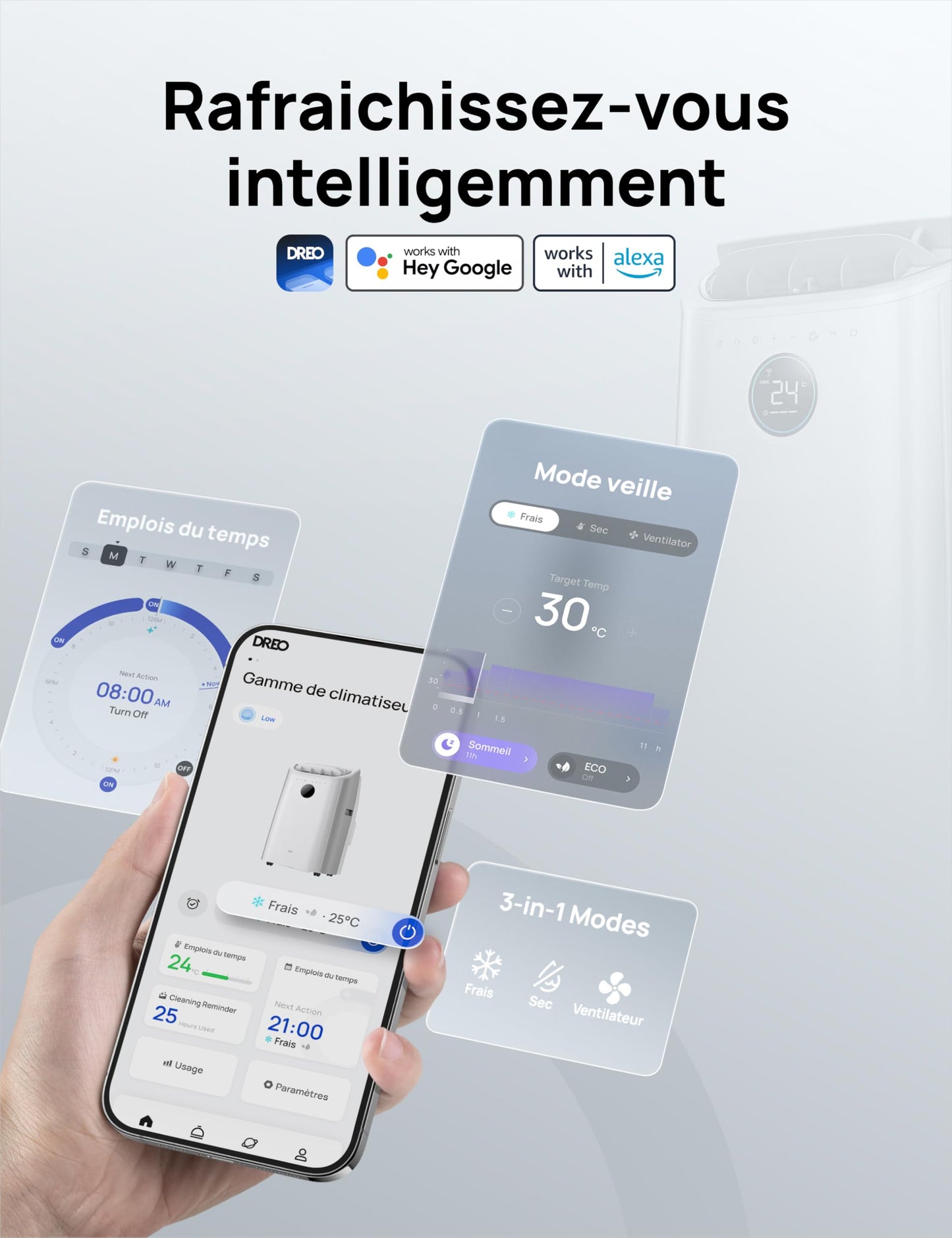 Dreo Climatiseur portable 10 000 BTU pour chambre, refroidissement sans drainage, silencieux, contrôle par application/voix, minuterie 24h, avec ventilateur et déshumidificateur