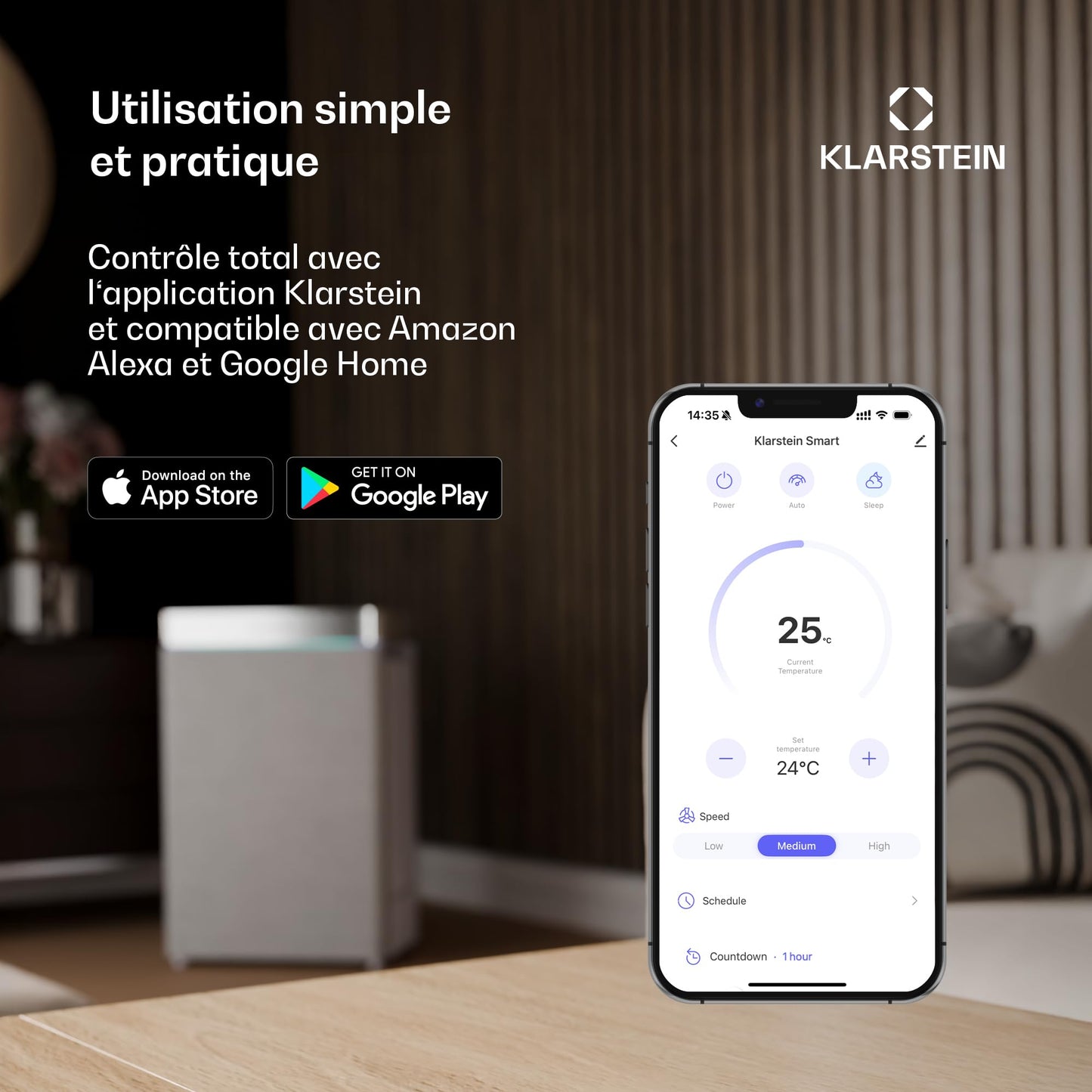 Klarstein AireLux Climatiseur Mobile – 14000 BTU, Pour Pièces Jusqu'à 51 m², Contrôle par Appli & Vocal, 4-en-1 Refroidissement, Déshumidificateur, Ventilateur & Mode Nuit, Kit Fenêtre Inclus, Gris