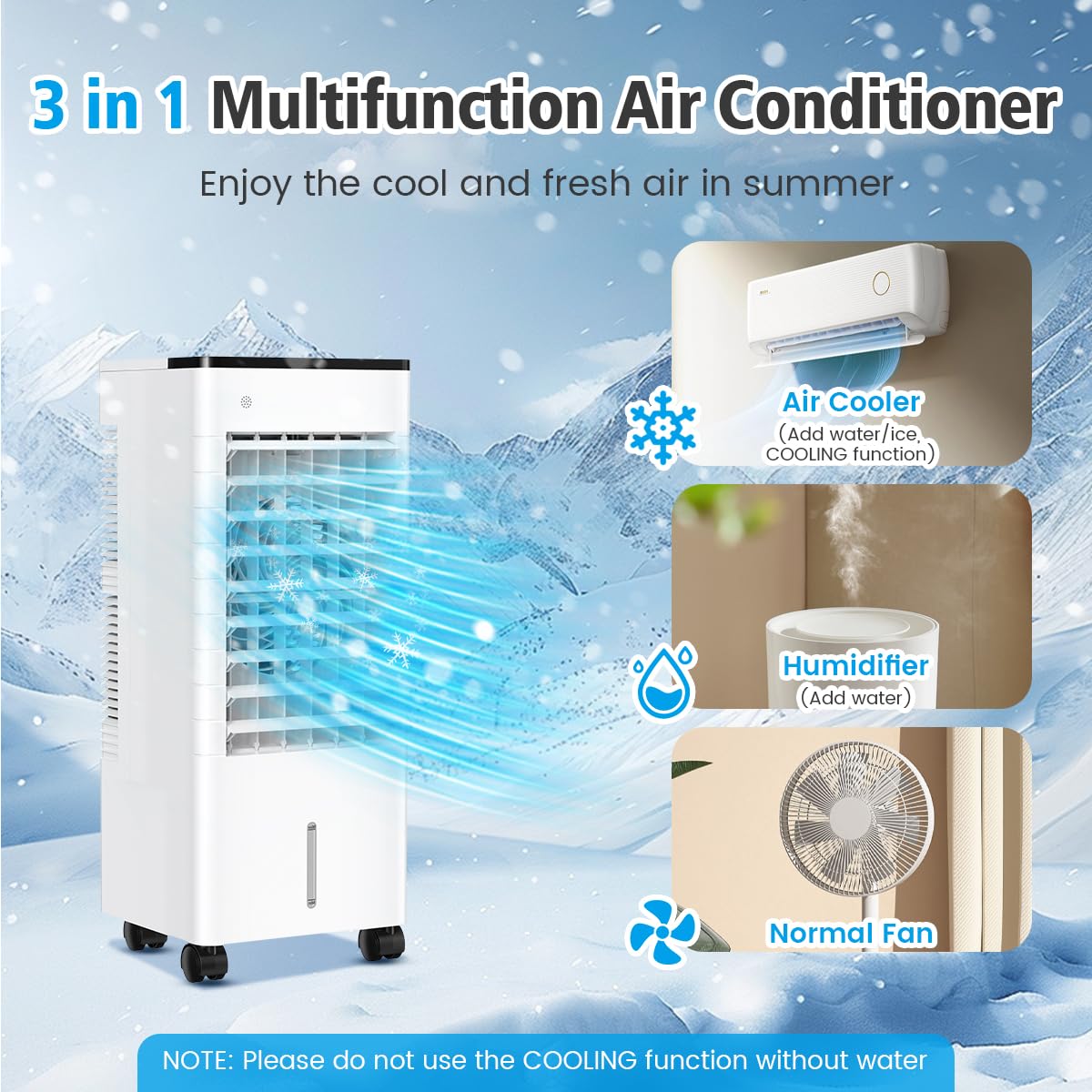 Climatiseur Mobile Silencieux, 6L Refroidisseur d'air Climatiseurs Portables Économie d'énergie Ventilateur Humidificateur, 3 Vitesses/Modes, Télécommande, 1-15H Minuterie, pour Maison Bureau Chambre