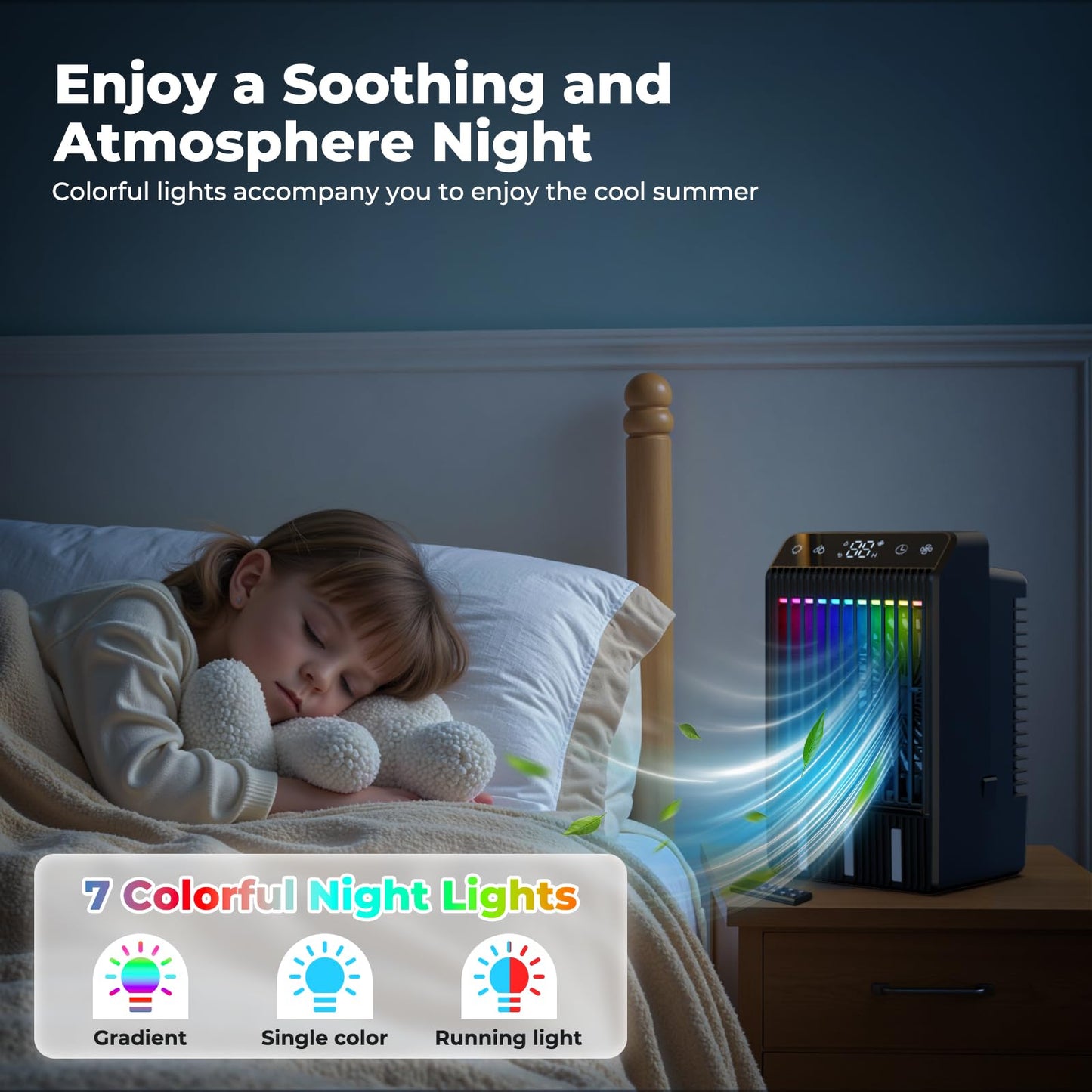 Climatiseur Mobile avec Ecran, 1000 ml Refroidisseur D'air, 4-EN-1 Ventilateur Humidificateur Mini Clim avec Double Pulvérisation et Lumière, 4 Vitesses de Synchronisation Climatiseurs Portables