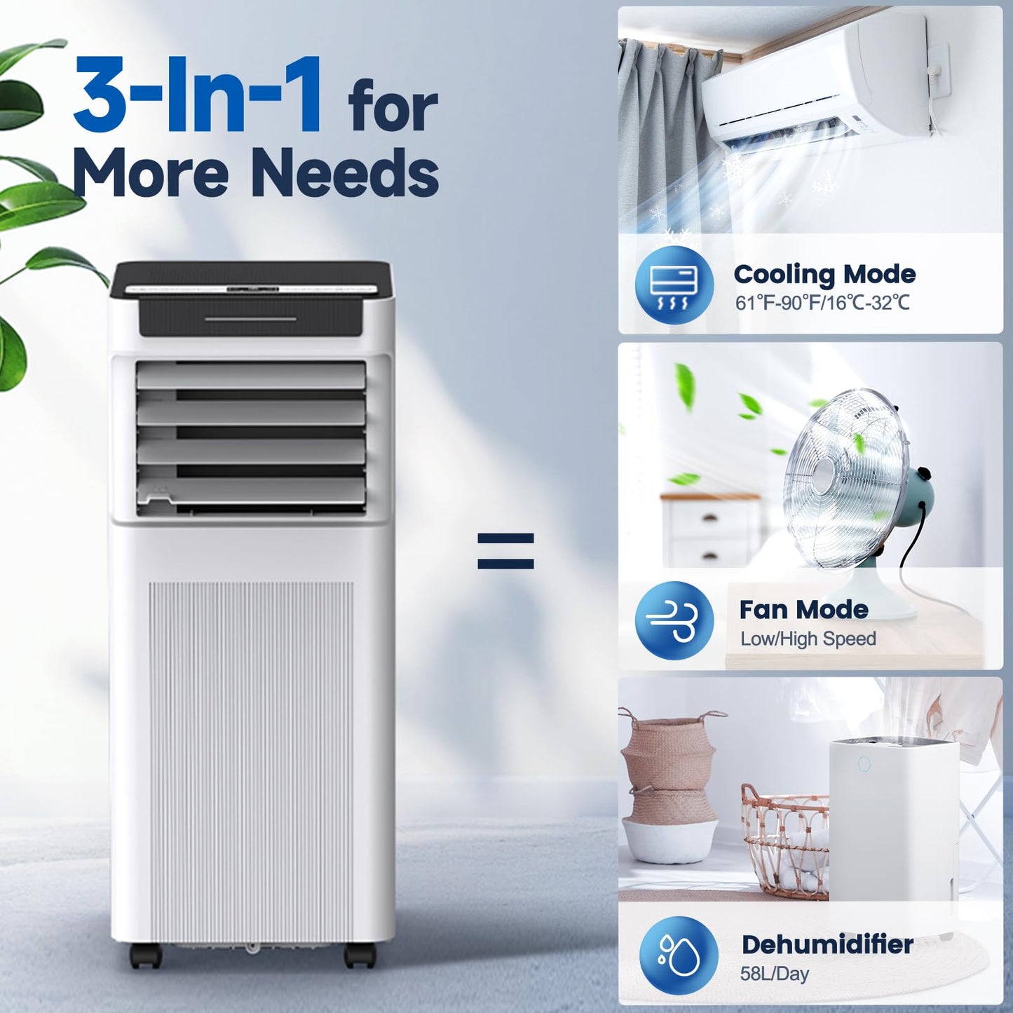 Climatiseur portable, 10 000 BTU AC portable jusqu'à 40 m², unité AC 3 en 1 avec modes refroidissement, déshumidificateur et ventilateur, télécommande et minuterie 24 h, unité AC pour chambres, salons