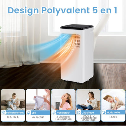 COSTWAY Climatiseur Mobile Silencieux 9000 BTU, 5 EN 1 Climatiseur Portable Wifi, Chauffage, Déshumidificateur, Ventilateur, Mode Nuit, Séchage, Minuterie 24H, Clim Mobile pour Chambre jusqu'à 20㎡