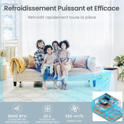 COSTWAY Climatiseur Mobile Silencieux 9000 BTU, 5 EN 1 Climatiseur Portable Wifi, Chauffage, Déshumidificateur, Ventilateur, Mode Nuit, Séchage, Minuterie 24H, Clim Mobile pour Chambre jusqu'à 20㎡