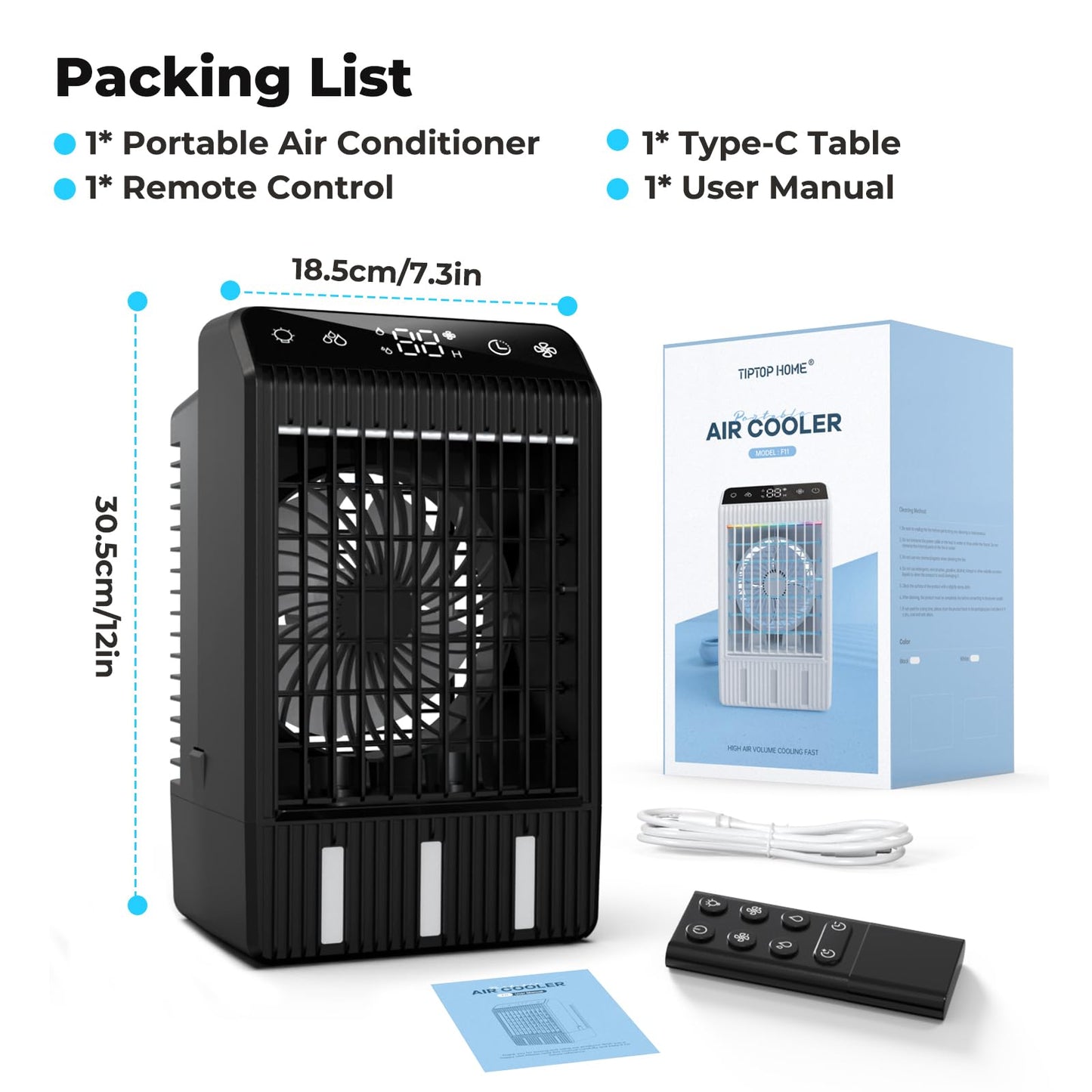 Climatiseur Mobile avec Ecran, 1000 ml Refroidisseur D'air, 4-EN-1 Ventilateur Humidificateur Mini Clim avec Double Pulvérisation et Lumière, 4 Vitesses de Synchronisation Climatiseurs Portables