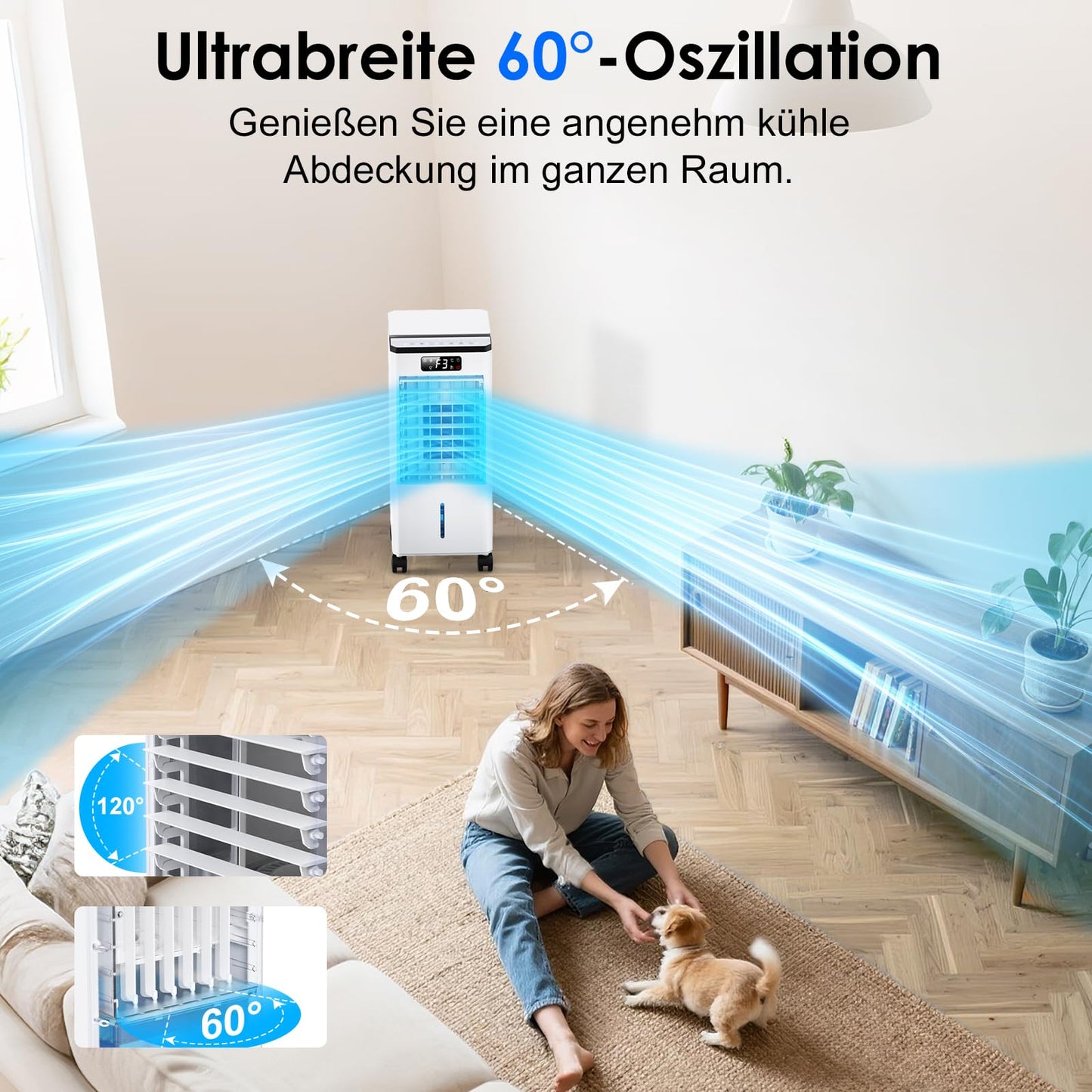 Climatiseur portable Max 7,5 L-refroidissement évaporatif à cristaux de glace, grand réservoir, télécommande, 3 vitesses, orientable 60°/120°, minuterie 1-12h, faible consommation, silencieux, pour