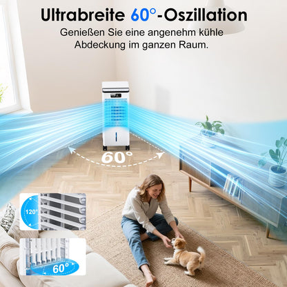 Climatiseur portable Max 7,5 L-refroidissement évaporatif à cristaux de glace, grand réservoir, télécommande, 3 vitesses, orientable 60°/120°, minuterie 1-12h, faible consommation, silencieux, pour