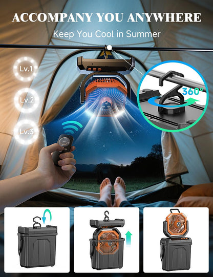 WAROUS Climatiseur Mobile ave Seau de 6L,20000mAh Batterie Ventilateur Brumisation,Ventilateur Camping Portable avec Télécommande,4 Vitesses,Lumière LED, pour Camping Voyage Maison Intérieur
