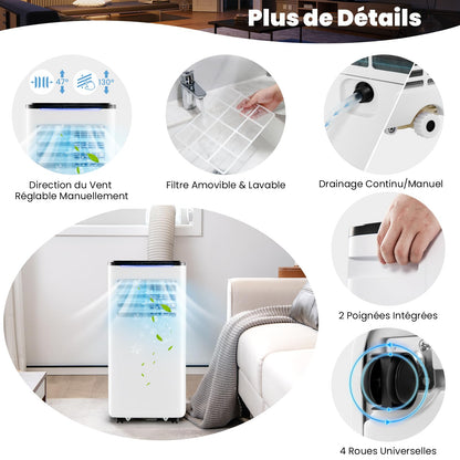 RELAX4LIFE Climatiseur Mobile 9000 BTU, 5 EN 1 Froid/Vent/Déshumi/Chauffage/Sommeil, 16-32℃, Climatiseur Mobile avec Evacuation, Clim Chambre Silencieux 9000 BTU, 20 ㎡, WIFI, Kit de Fenêtre