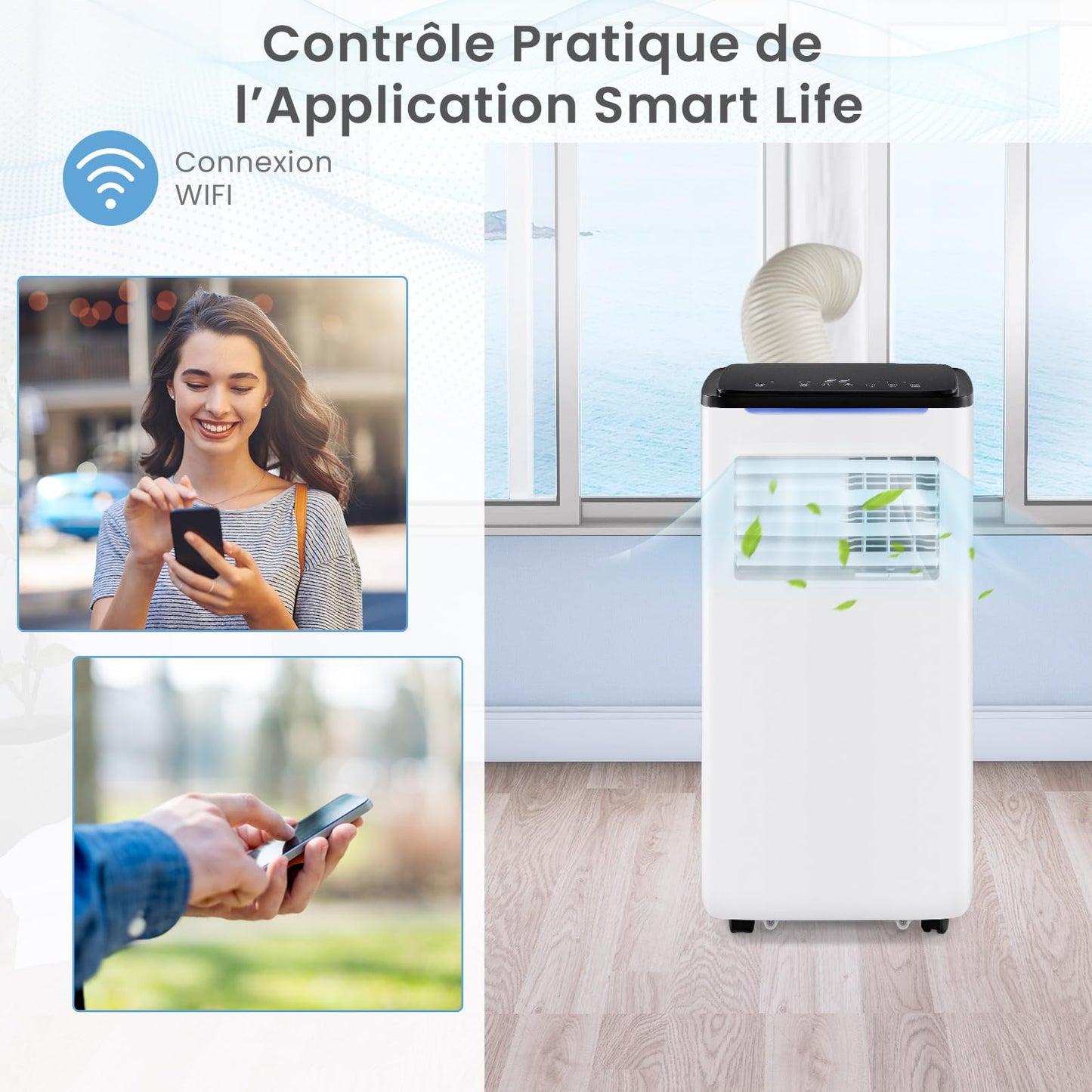 COSTWAY Climatiseur Mobile Silencieux 9000 BTU, 5 EN 1 Climatiseur Portable Wifi, Chauffage, Déshumidificateur, Ventilateur, Mode Nuit, Séchage, Minuterie 24H, Clim Mobile pour Chambre jusqu'à 20㎡