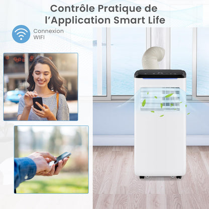 COSTWAY Climatiseur Mobile Silencieux 9000 BTU, 5 EN 1 Climatiseur Portable Wifi, Chauffage, Déshumidificateur, Ventilateur, Mode Nuit, Séchage, Minuterie 24H, Clim Mobile pour Chambre jusqu'à 20㎡