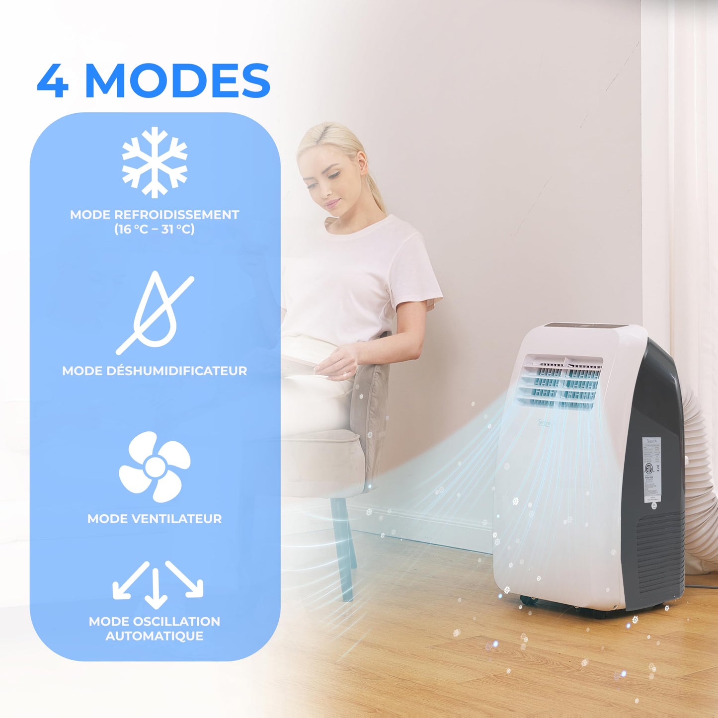 SereneLife Climatiseur Mobile Silencieux,7K BTU, Climatiseur Portable 3-en-1 avec Fonction Déshumidificateur Intégrée, Mode Ventilateur, Télécommande, Kit d'Évacuation Complet pour Fenêtre,Blanc
