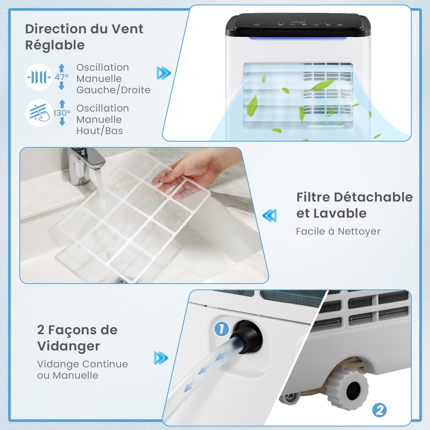COSTWAY Climatiseur Mobile Silencieux 9000 BTU, 5 EN 1 Climatiseur Portable Wifi, Chauffage, Déshumidificateur, Ventilateur, Mode Nuit, Séchage, Minuterie 24H, Clim Mobile pour Chambre jusqu'à 20㎡
