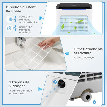 COSTWAY Climatiseur Mobile Silencieux 9000 BTU, 5 EN 1 Climatiseur Portable Wifi, Chauffage, Déshumidificateur, Ventilateur, Mode Nuit, Séchage, Minuterie 24H, Clim Mobile pour Chambre jusqu'à 20㎡