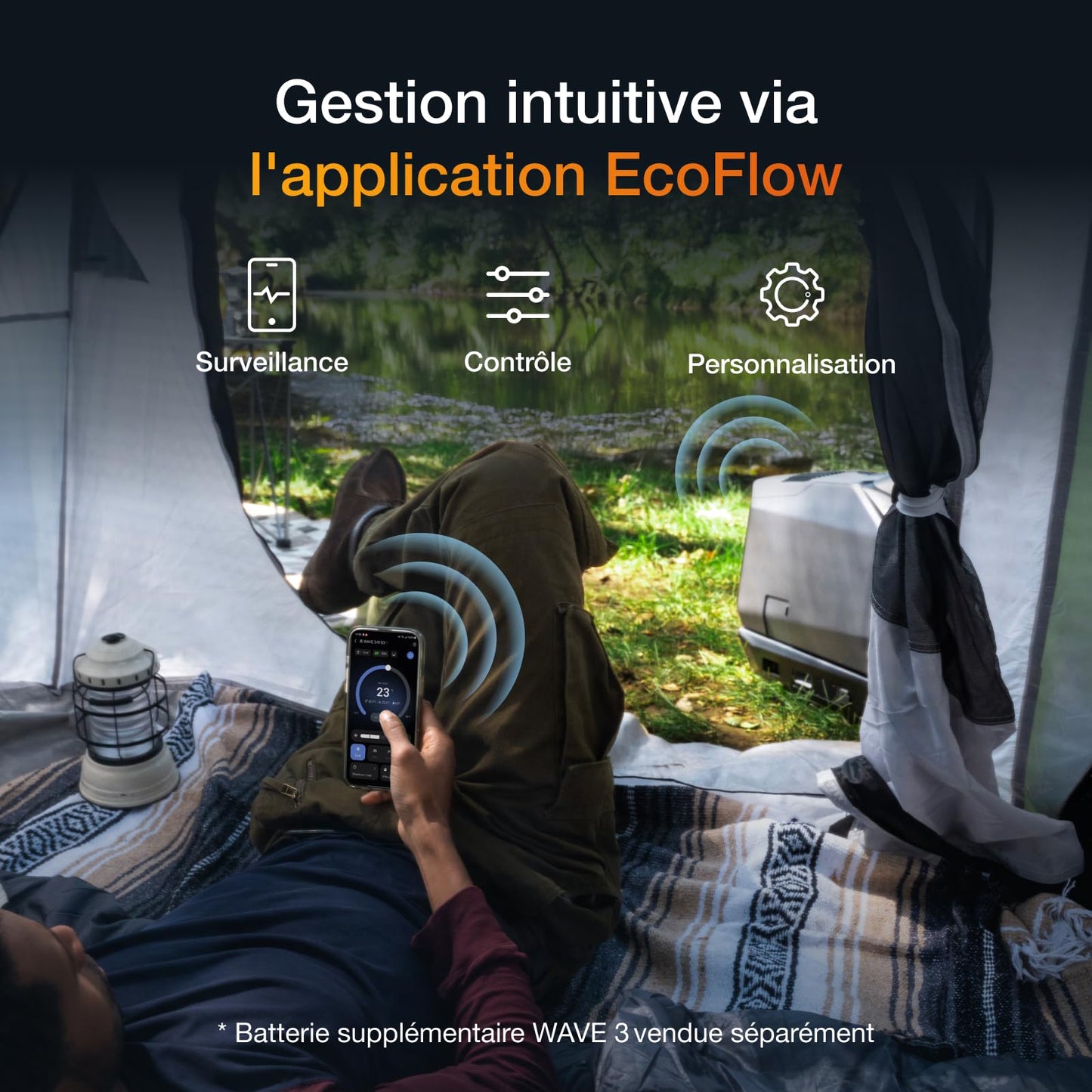 Climatiseur portable EcoFlow WAVE 3, refroidissement 6100 BTU, chauffage 6800 BTU, charge rapide 1000W en 75 mins, autonomie de 8h, contrôle via application, idéal pour camping, tentes, RVs,SUVs