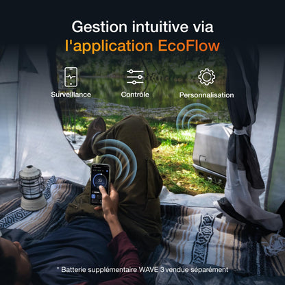 Climatiseur portable EcoFlow WAVE 3, refroidissement 6100 BTU, chauffage 6800 BTU, charge rapide 1000W en 75 mins, autonomie de 8h, contrôle via application, idéal pour camping, tentes, RVs,SUVs