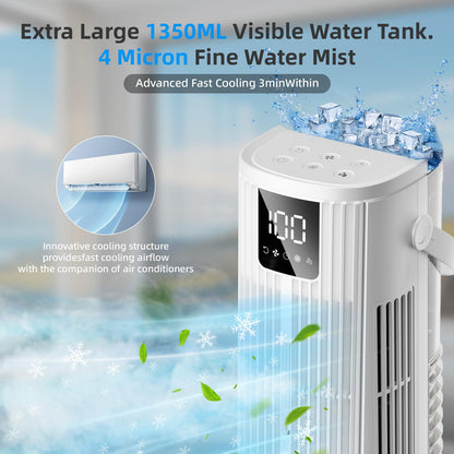 Climatiseurs Portables 1350ML Climatiseur Mobile,Rafraichisseur d'air Silencieux 36W Faible Conso,4 Vitesses 2 Modes de Pulvérisation, 12H Minuterie,120° Oscillation Télécommande pour Chambre,Cuisine