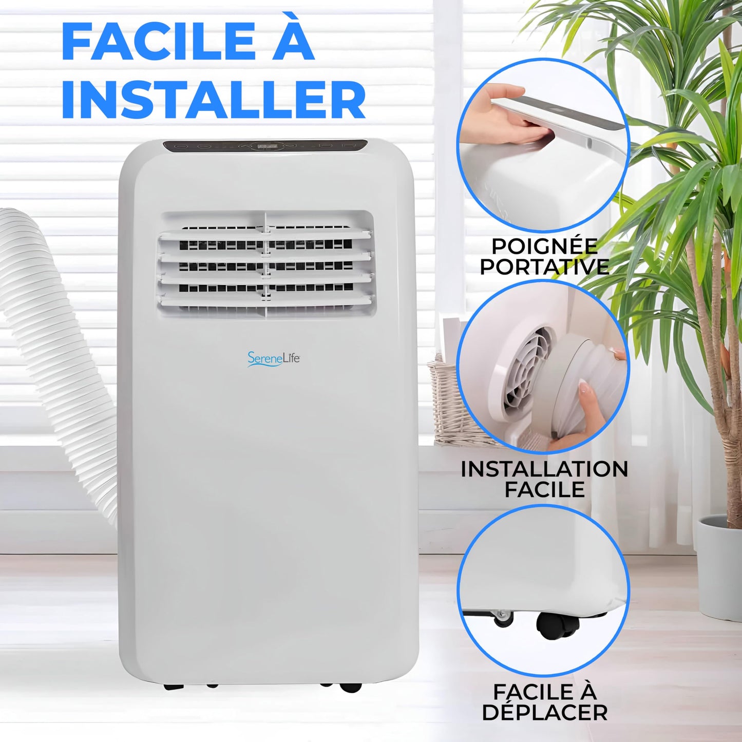 SereneLife Climatiseur Mobile Silencieux,7K BTU, Climatiseur Portable 3-en-1 avec Fonction Déshumidificateur Intégrée, Mode Ventilateur, Télécommande, Kit d'Évacuation Complet pour Fenêtre,Blanc