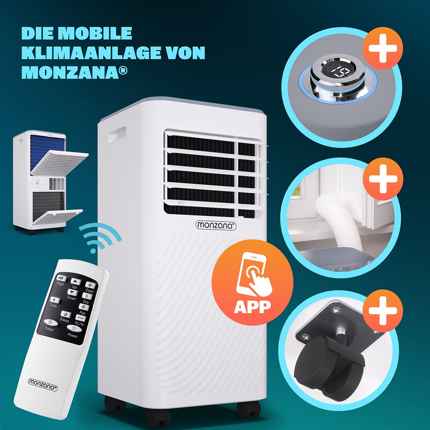 MONZANA® Climatiseur mobile MZKA2600 Tuyau d'évacuation 9000 BTU 4en1 1000W Alexa Déshumidificateur Kit volet roulant