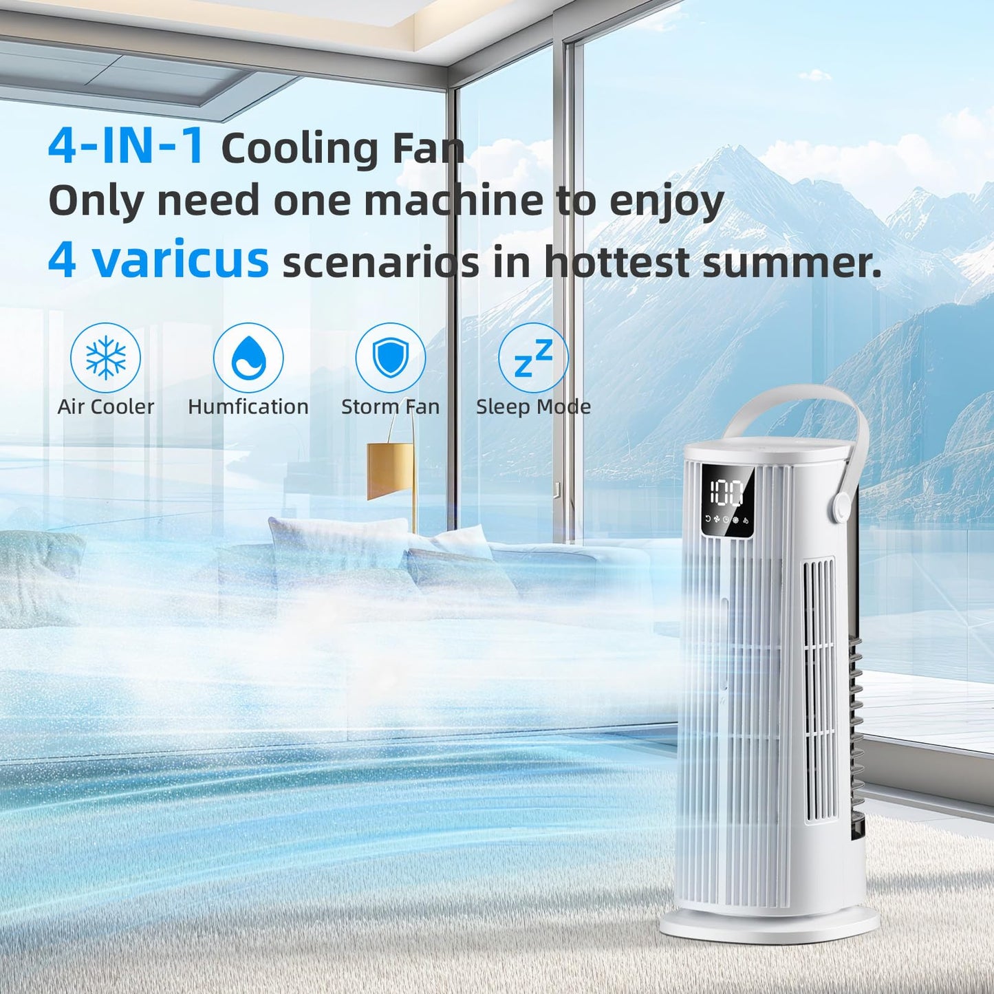 Climatiseurs Portables 1350ML Climatiseur Mobile,Rafraichisseur d'air Silencieux 36W Faible Conso,4 Vitesses 2 Modes de Pulvérisation, 12H Minuterie,120° Oscillation Télécommande pour Chambre,Cuisine