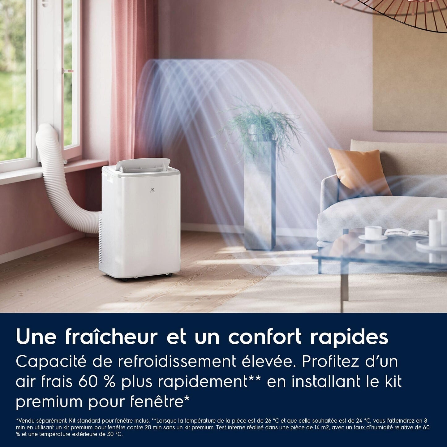 Electrolux EXP28U340HW Climatiseur Portable, Capacité de Refroidissement 2,8 kW, Technologie R290 Écologique, Fonctionnement Silencieux 64 dB, Mode Déshumidification, Couleur Blanche