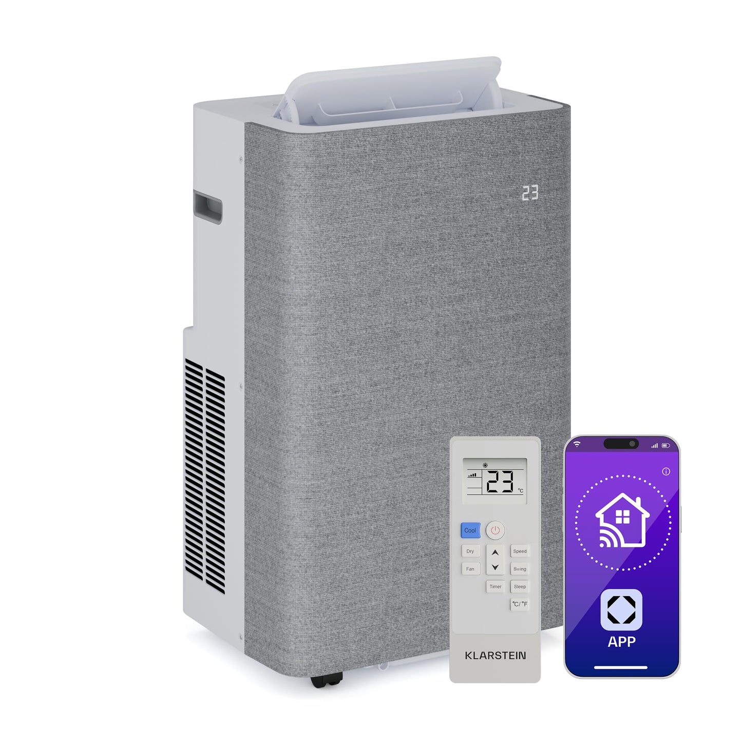 Klarstein AireLux Climatiseur Mobile – 14000 BTU, Pour Pièces Jusqu'à 51 m², Contrôle par Appli & Vocal, 4-en-1 Refroidissement, Déshumidificateur, Ventilateur & Mode Nuit, Kit Fenêtre Inclus, Gris
