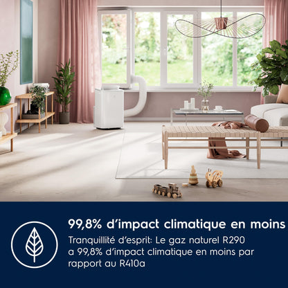Electrolux EXP28U340HW Climatiseur Portable, Capacité de Refroidissement 2,8 kW, Technologie R290 Écologique, Fonctionnement Silencieux 64 dB, Mode Déshumidification, Couleur Blanche