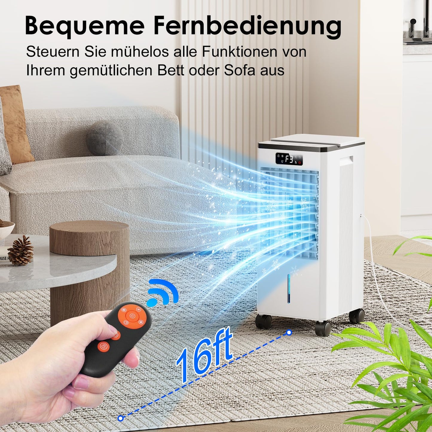 Climatiseur portable Max 7,5 L-refroidissement évaporatif à cristaux de glace, grand réservoir, télécommande, 3 vitesses, orientable 60°/120°, minuterie 1-12h, faible consommation, silencieux, pour